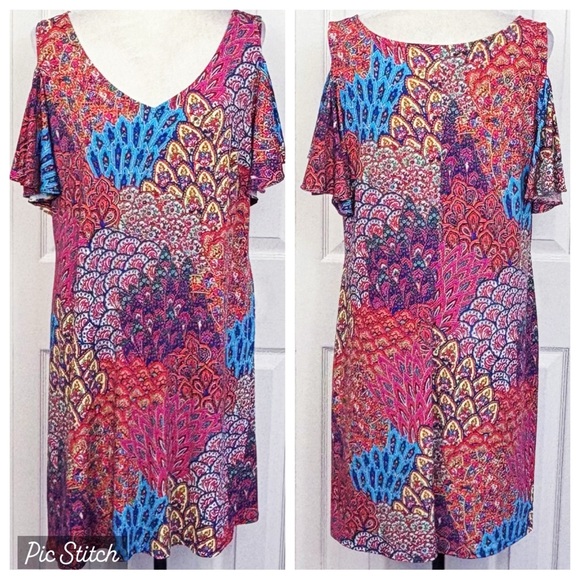 MSK Colorful Peacock Paisley Print V-Neck Cold Shoulder Mini Dress XL - Picture 1 of 16